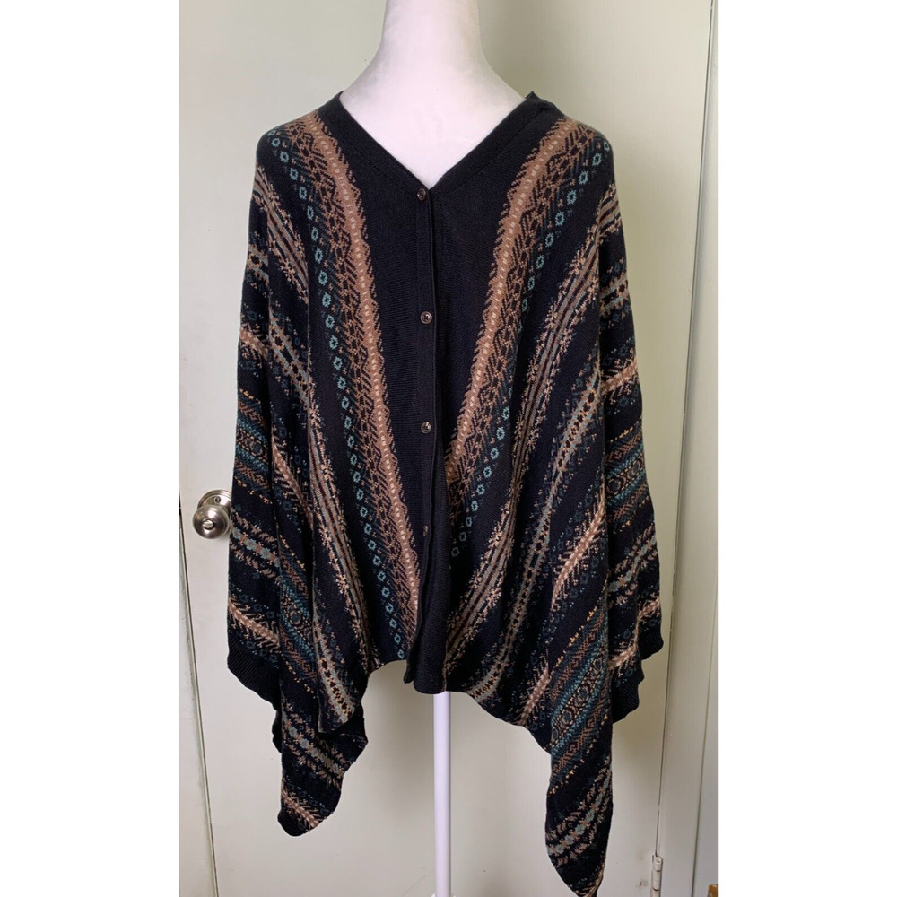 J Jill Black Brown Teal Fair Isle Aztec Poncho Pullover Sweater One Size